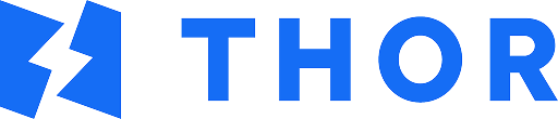 The logo consists of a bold, stylized geometric 'T' mark made of angled, segmented diagonal lines alongside the clean sans-serif wordmark 'THOR'.